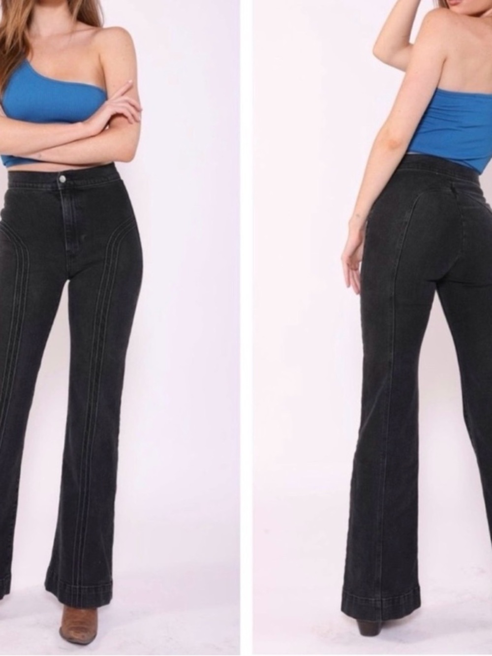 REVICE‎ Rollergirl Flare Jeans Black Size 27 Stretchy High Waist Tall Long